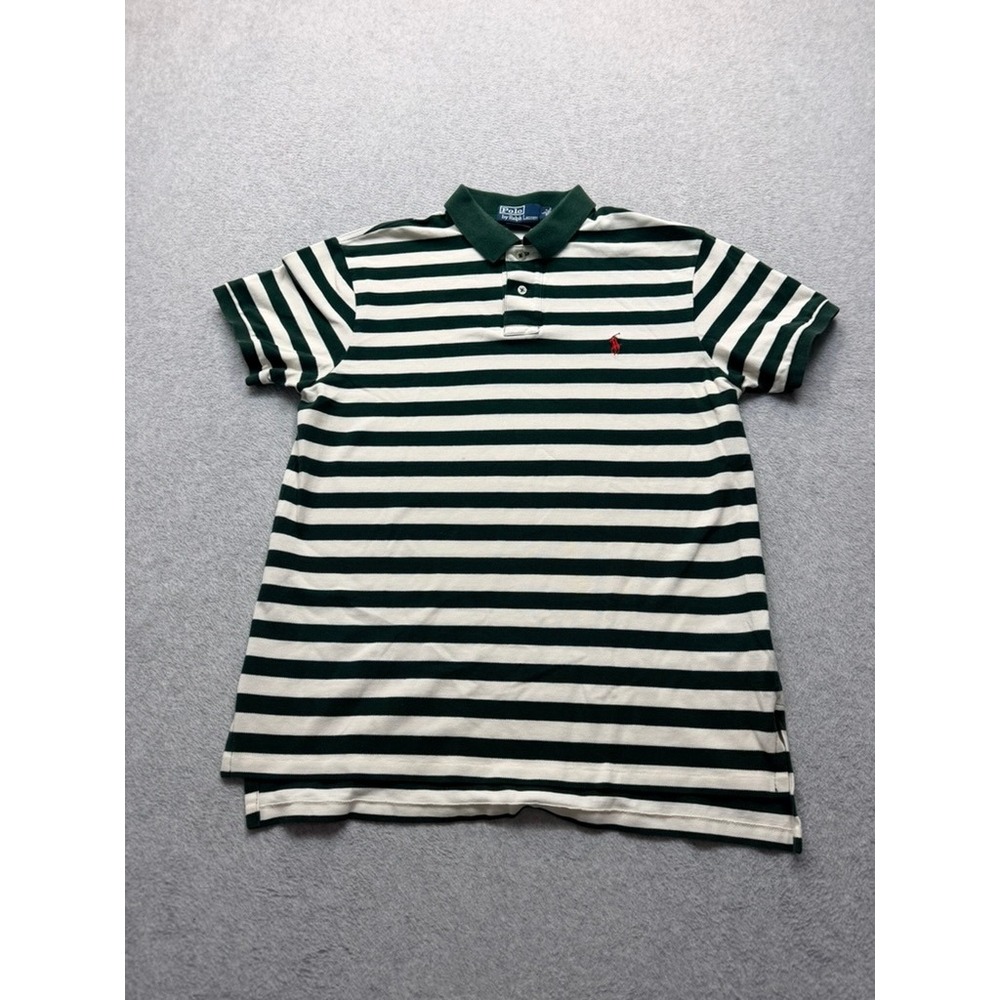 Polo Ralph Lauren Mens Large Green White Striped Short Sleeve Pique Polo Shirt